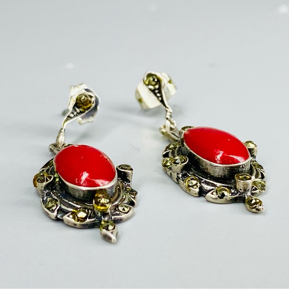Vintage Sterling Silver Coral Red Cabochon & Marcasite Stones Earrings 1980s - Picture 3 of 16